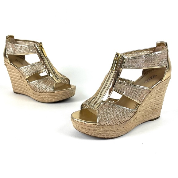 Michael Kors Damita Gold Glitter Metallic Caged Espadrille Platform Wedges - Picture 2 of 8